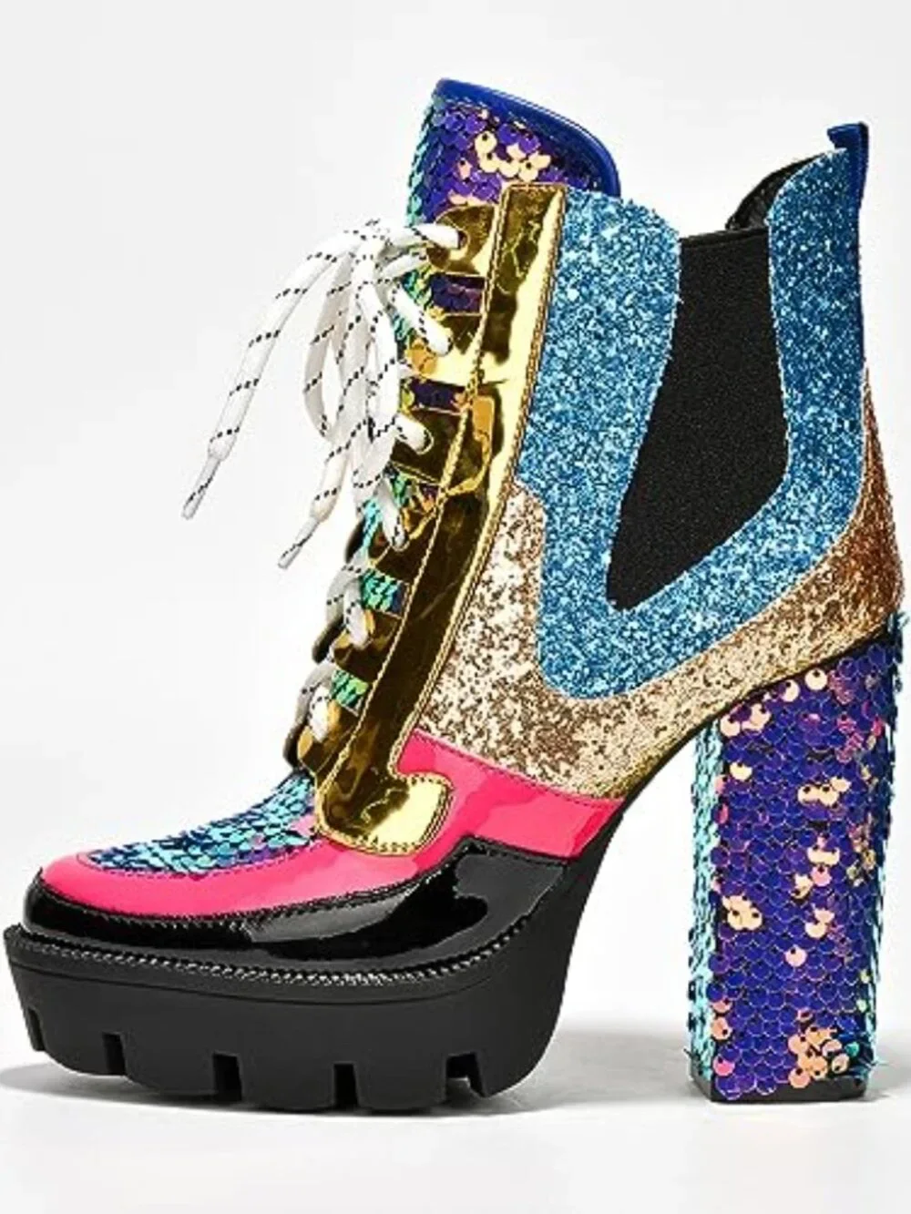 Sparkly Sequin Platform Chelsea Boots with Chunky Block Heels for Women